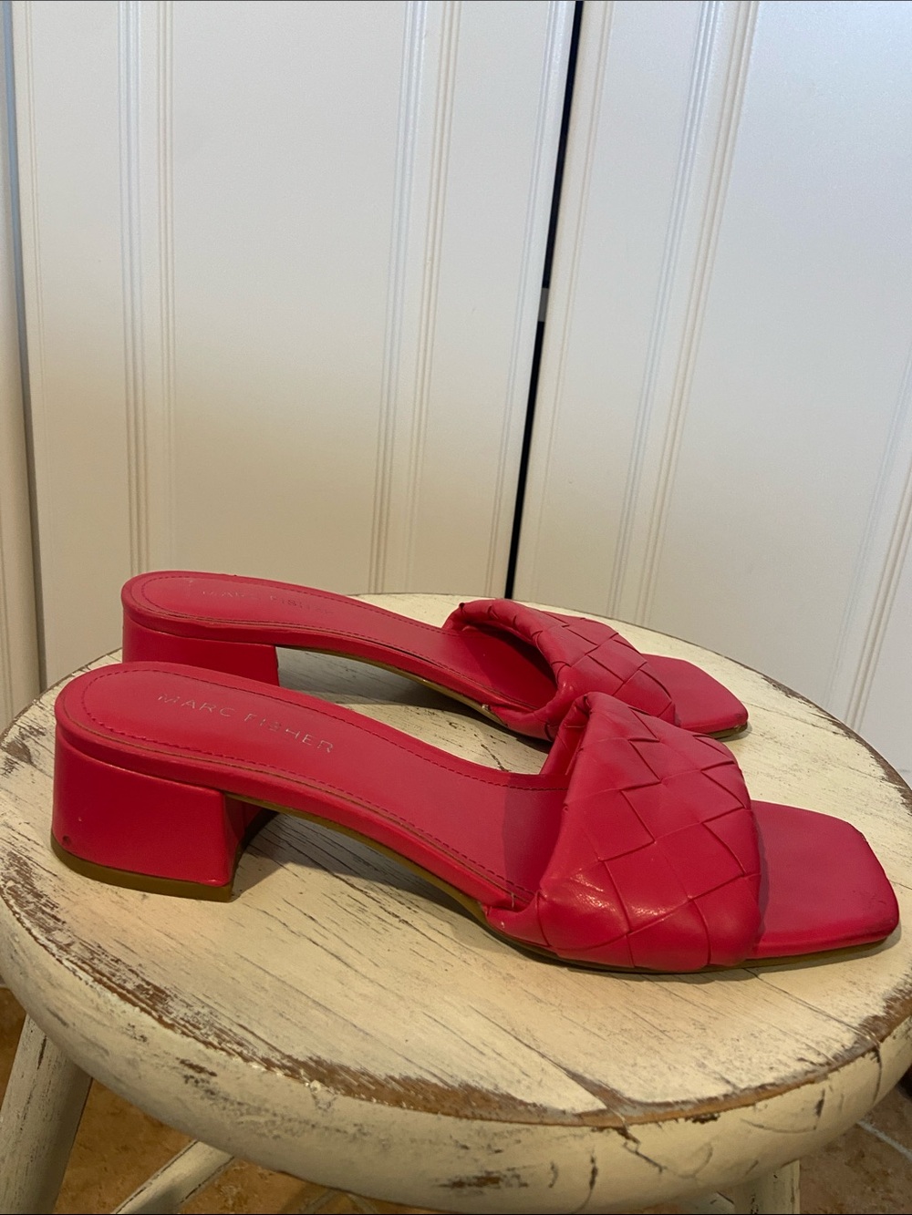 Marc Fisher Hot Pink Woven Leather Block Heel Mules